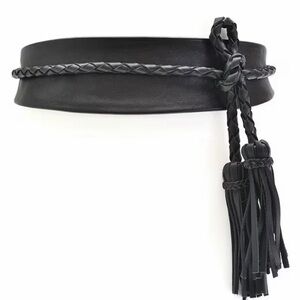 Ada Black Braided Leather Waist Belt with Tassel Ends